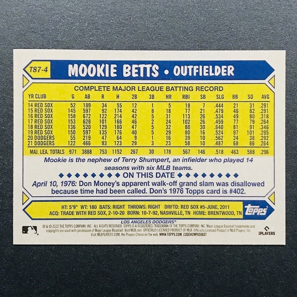 Mookie Betts - 2022 Topps '87 Topps #T87-4 - Picture 2 of 2